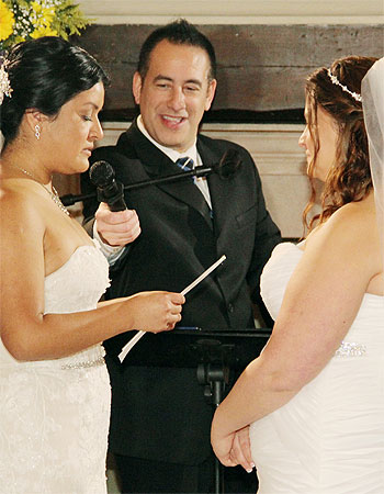 Wedding ceremony officiant Reverend Phil performing a Long Island gay lesbian wedding ceremony